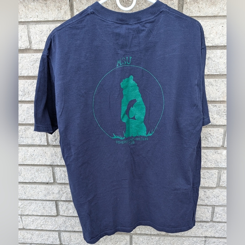 MSU Vintage T-shirt Fisheries & Wildlife 90's Navy Size Large 100%Cotton EUC